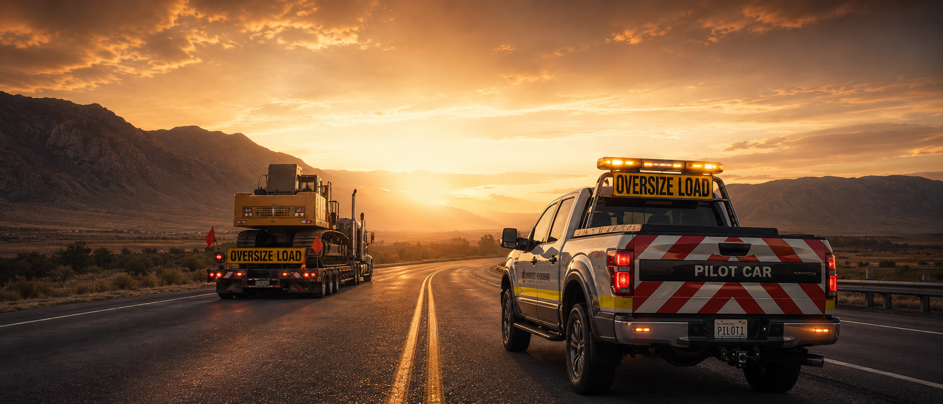 Pilot car escorting an oversize load truck on a highway at golden hour